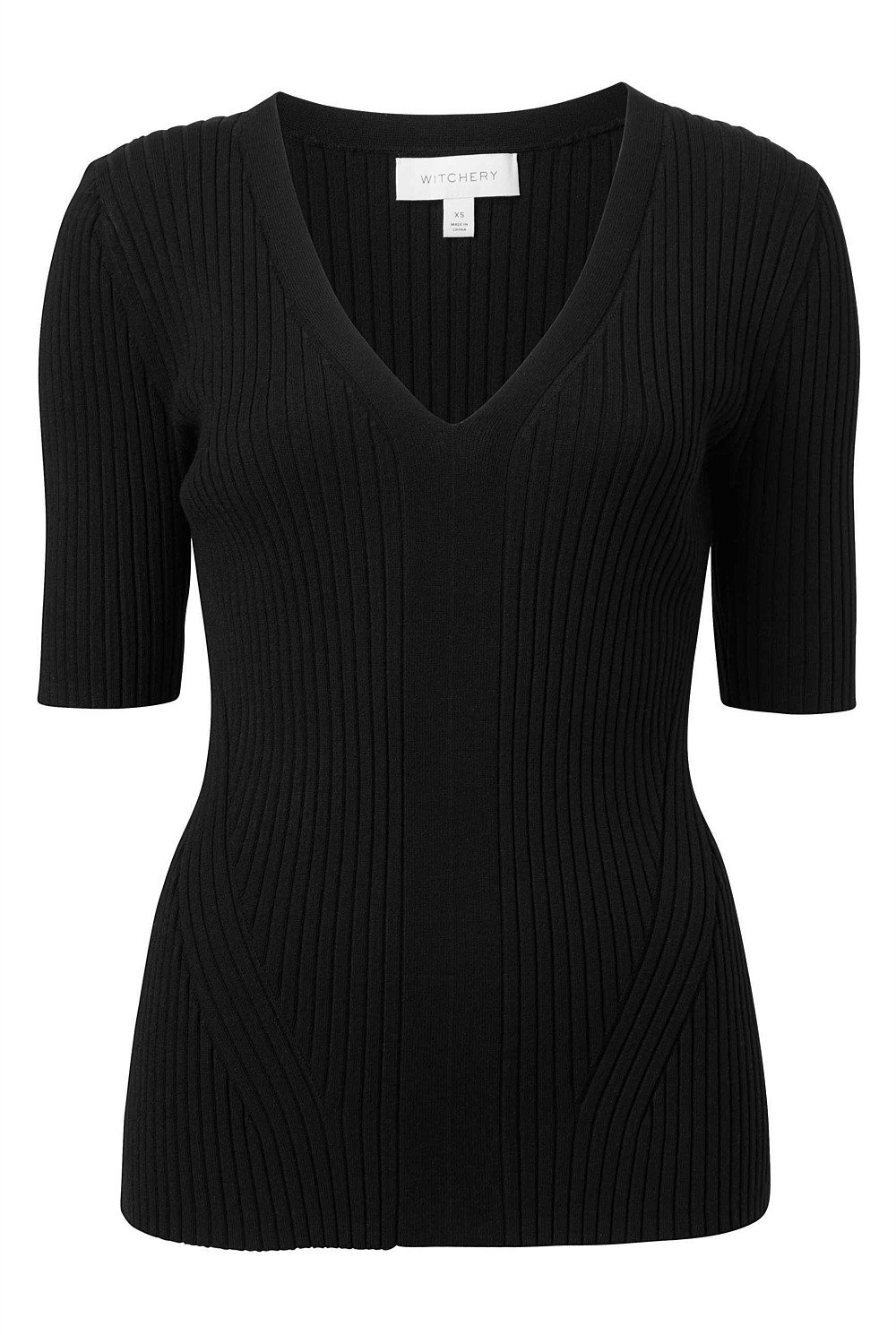 Black Rib V Neck Short Sleeve Knit - Women's Short Sleeve Tops | Witchery