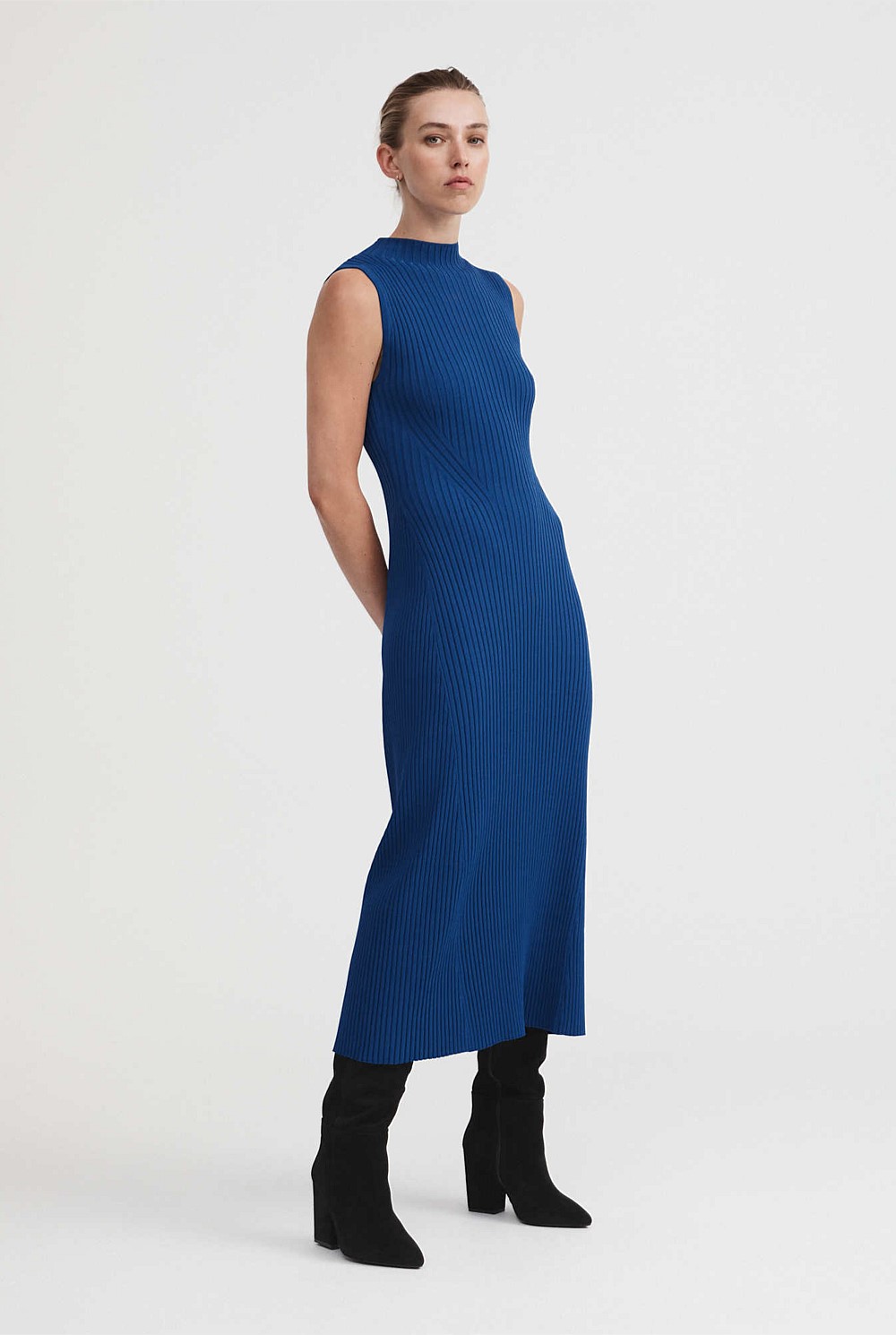 Eclipse Blue Knit Rib Mock Neck Dress - Women's Knit Dresses | Witchery