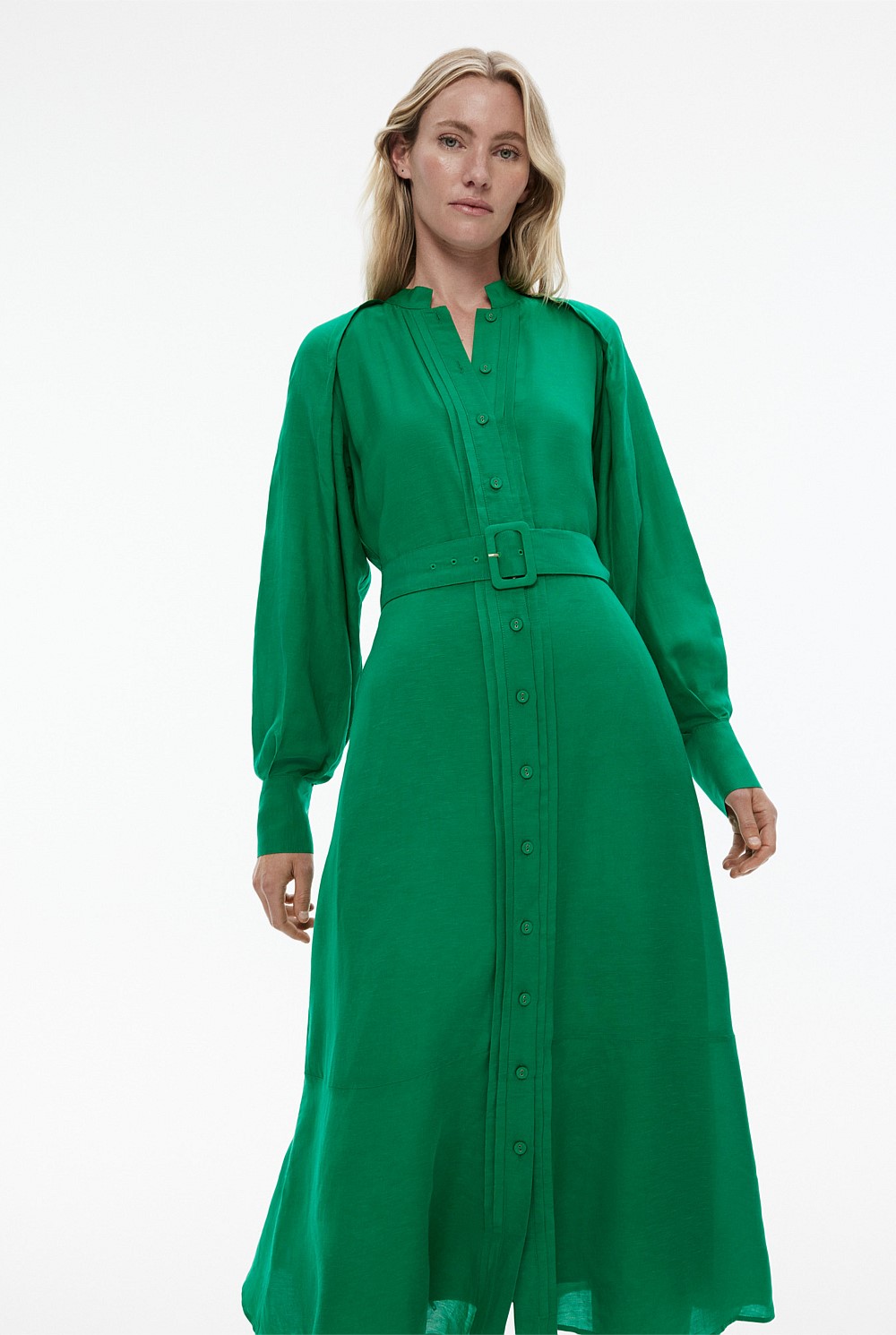 High Neck Pintuck Midi Dress