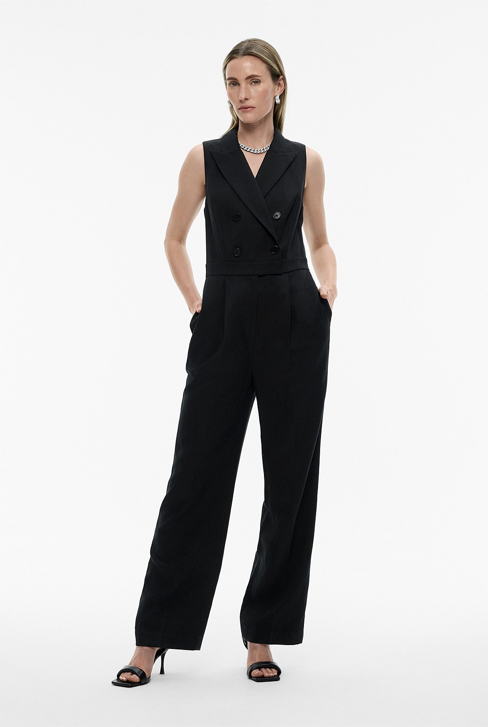 Linen Blend Tuxedo Jumpsuit