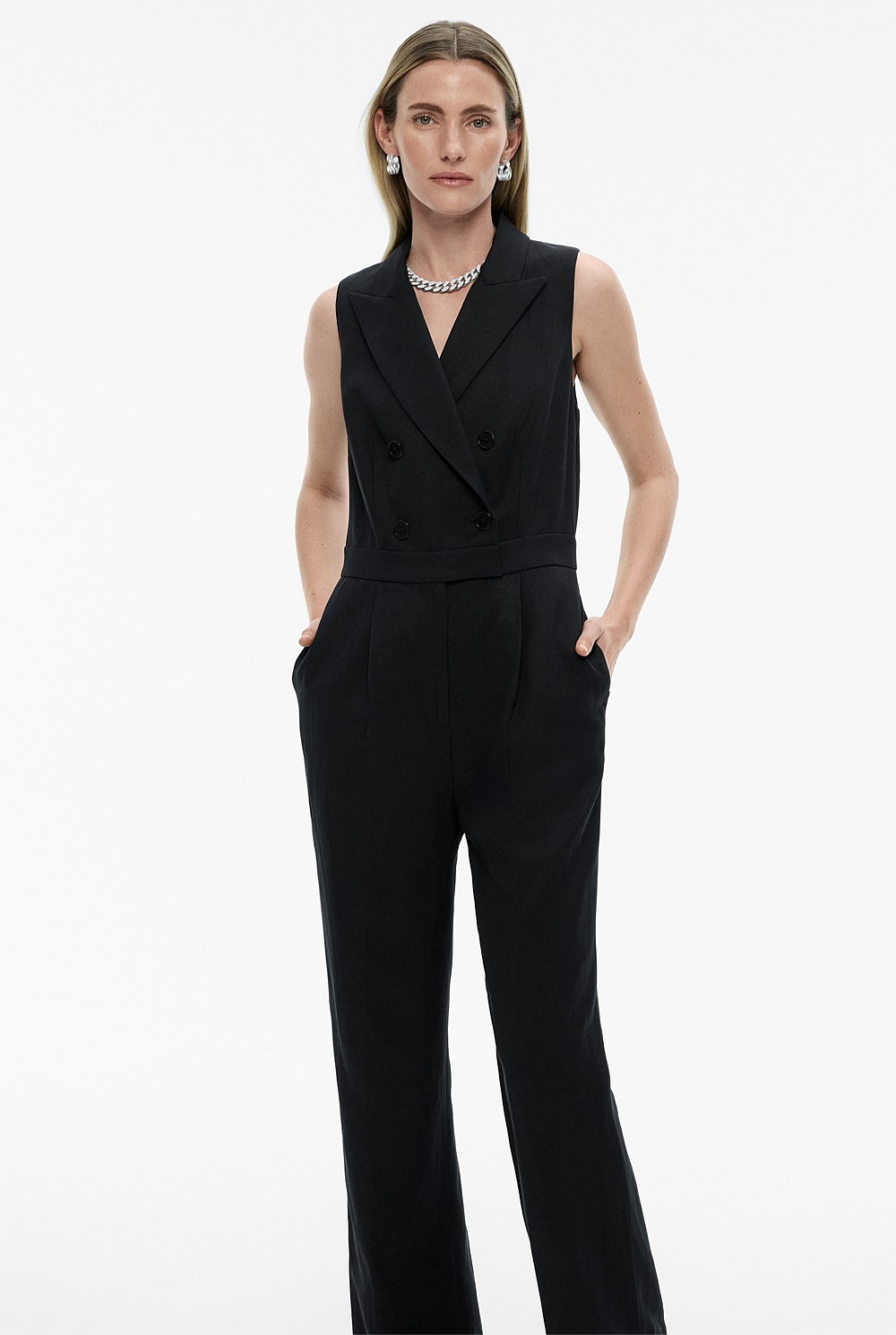 Linen Blend Tuxedo Jumpsuit