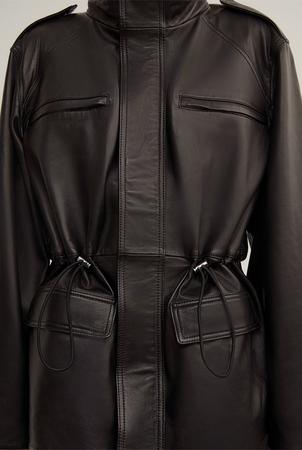 Leather Drawcord Funnel Neck Jacket
