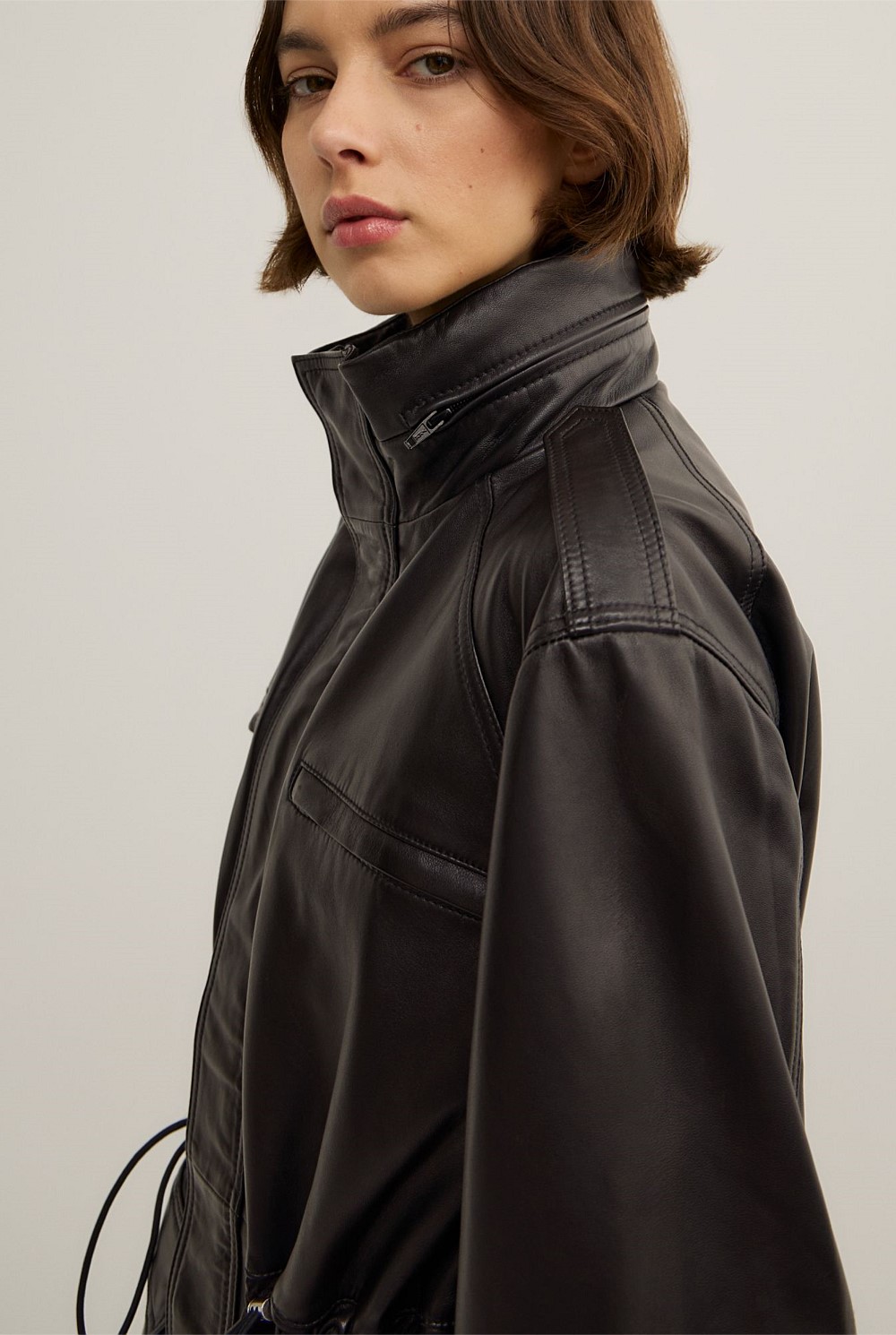 Leather Drawcord Funnel Neck Jacket