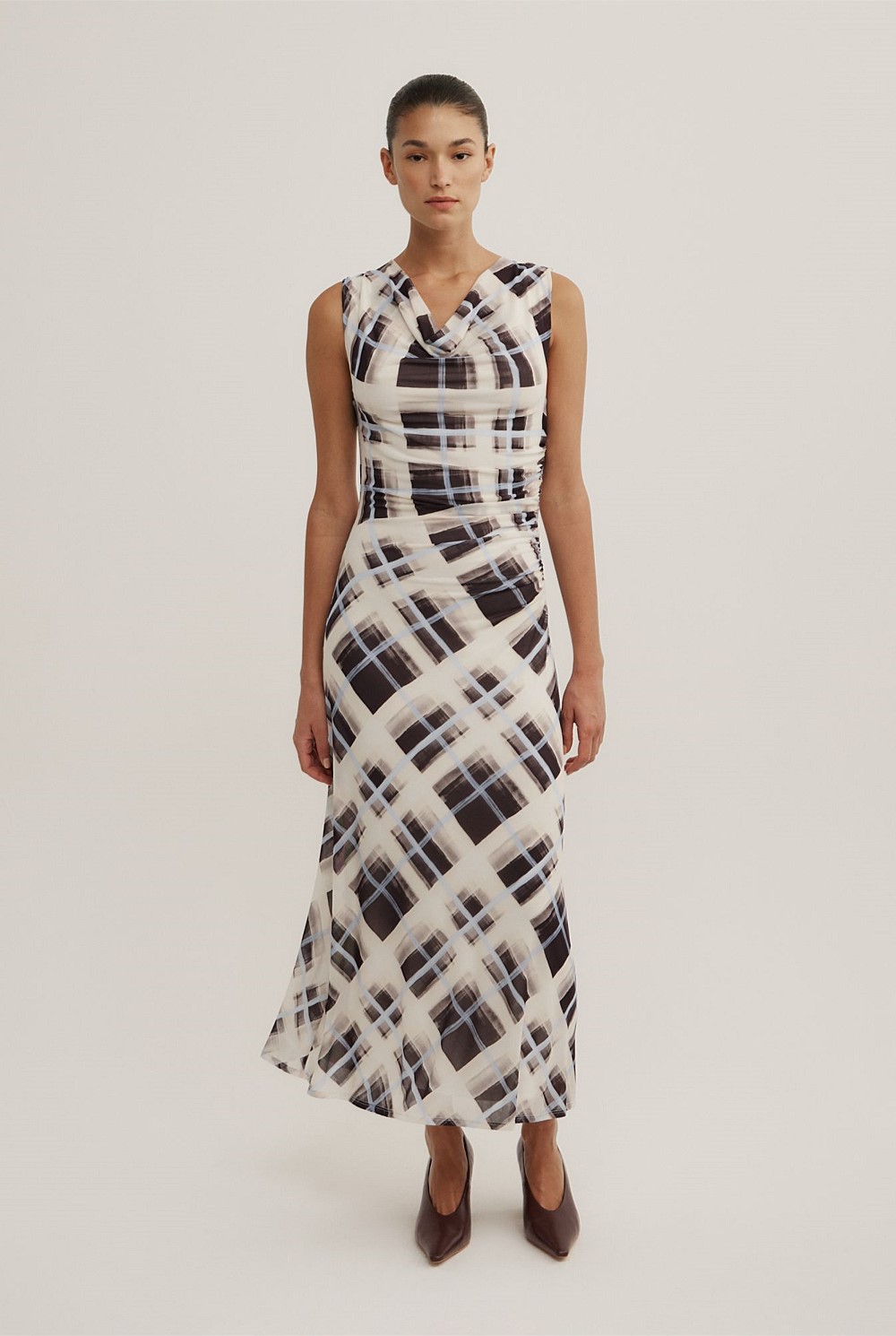 Ruched Cowl Mesh Dress