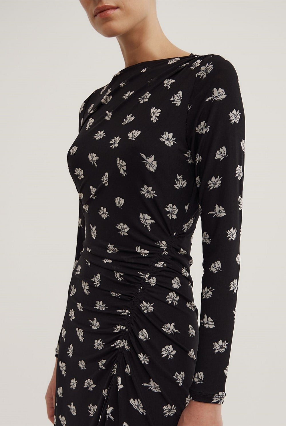 Long Sleeve Ruched Mesh Dress
