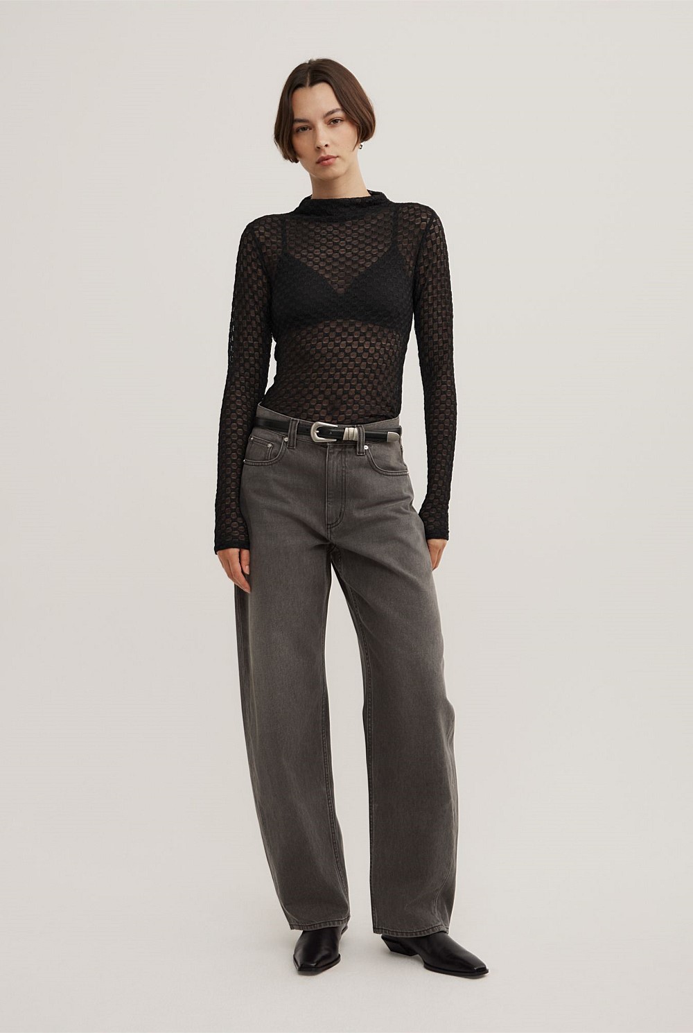 Textured Mesh Long Sleeve Top