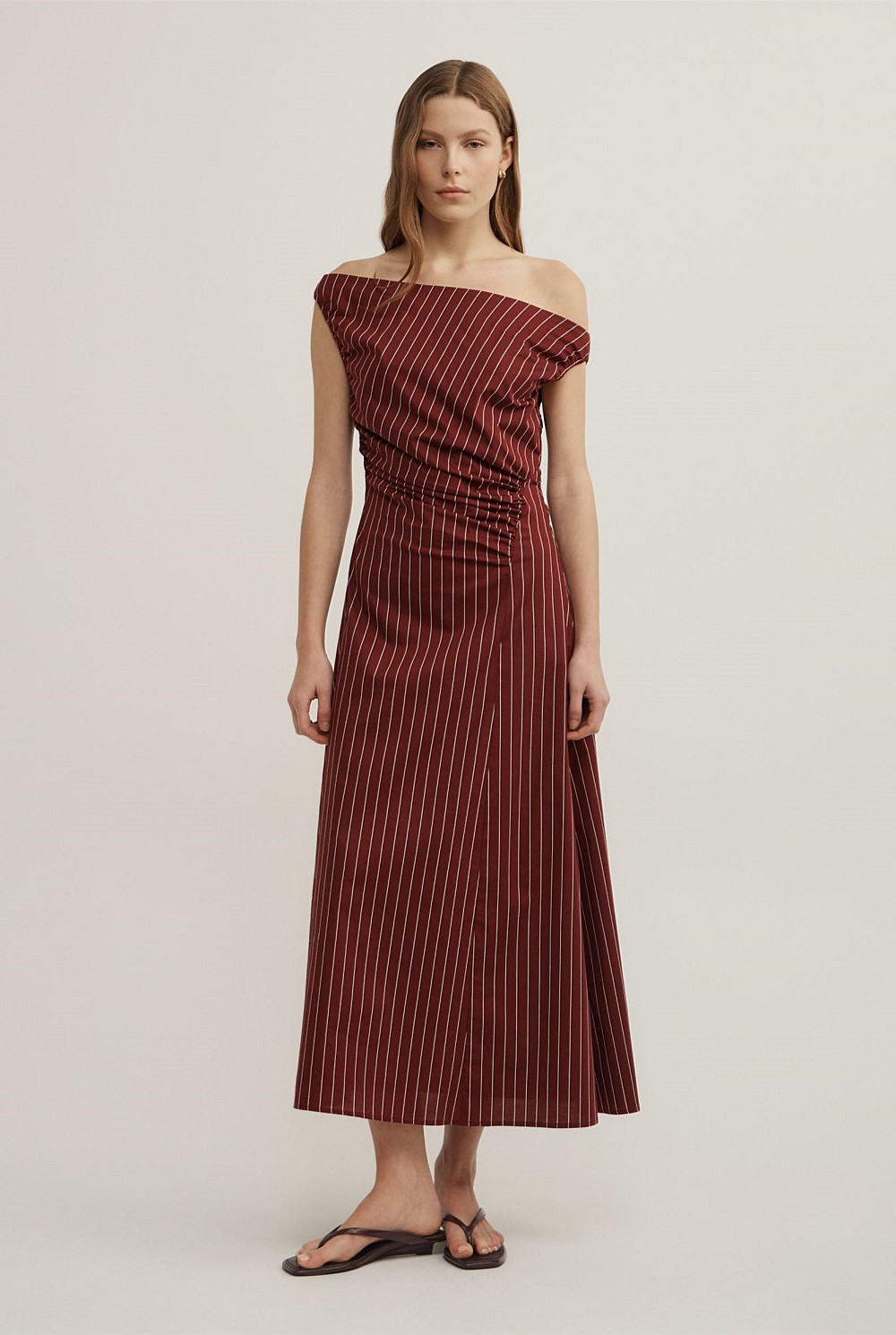 Off Shoulder Gather Midi Dress