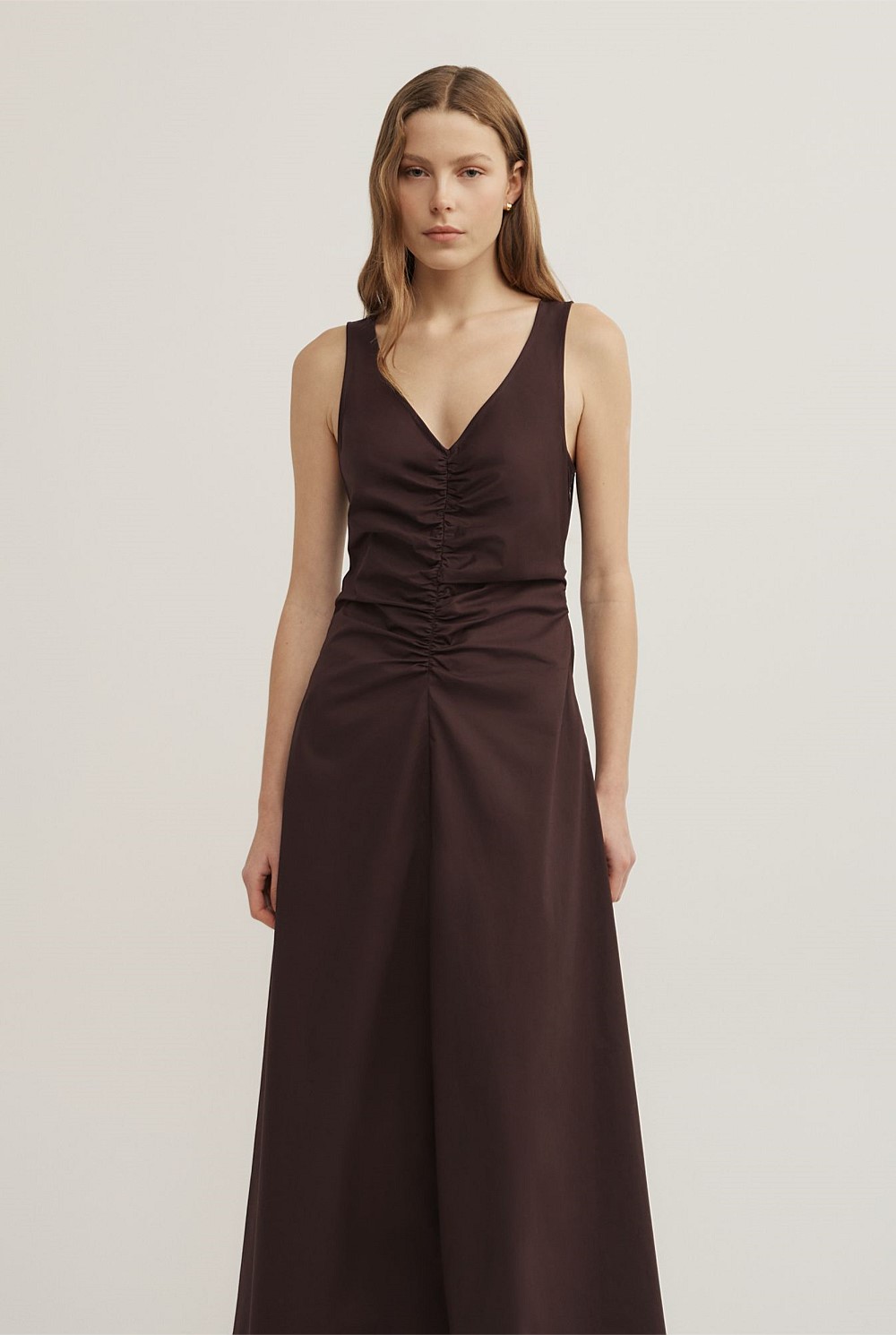 V-Neck Gather Midi Dress