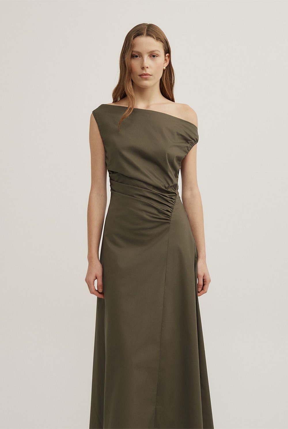 Off Shoulder Gather Midi Dress